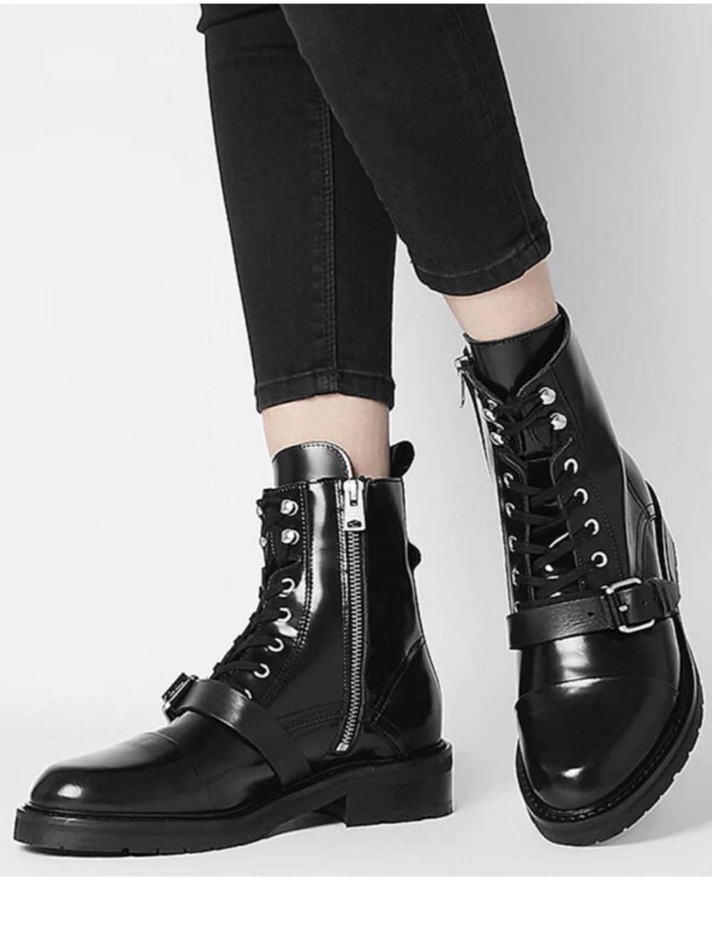 AllSaints Donita Black Leather Buckle Combat Boots US 9 EU 39